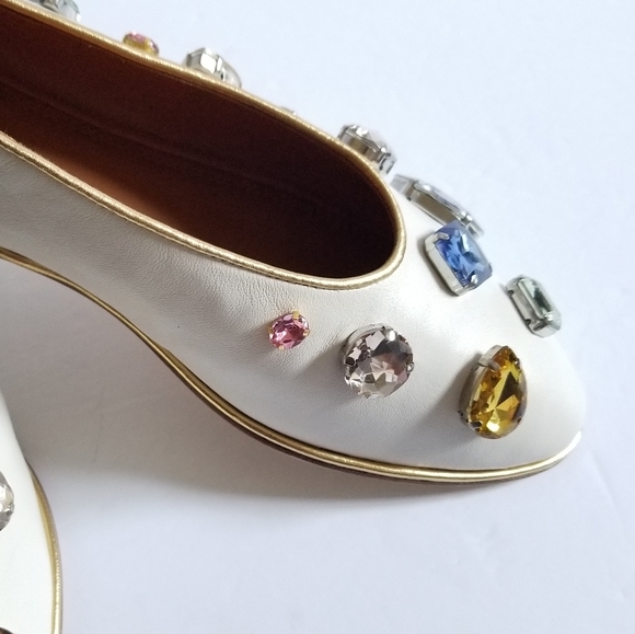 Tory Burch Crystal-Embellished Leather Flat Ballet Ivory Gold Size 9.5 - Picture 7 of 13